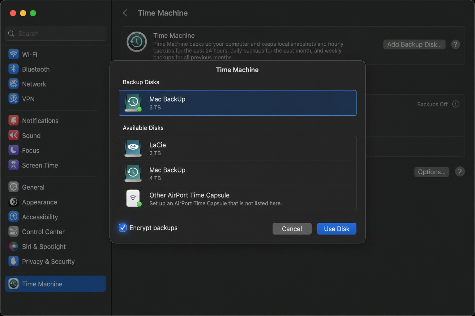 macOS Time Machine backup disk selection sheet showing an external drive selected and the Encrypt Backups checkbox visible and highlighted