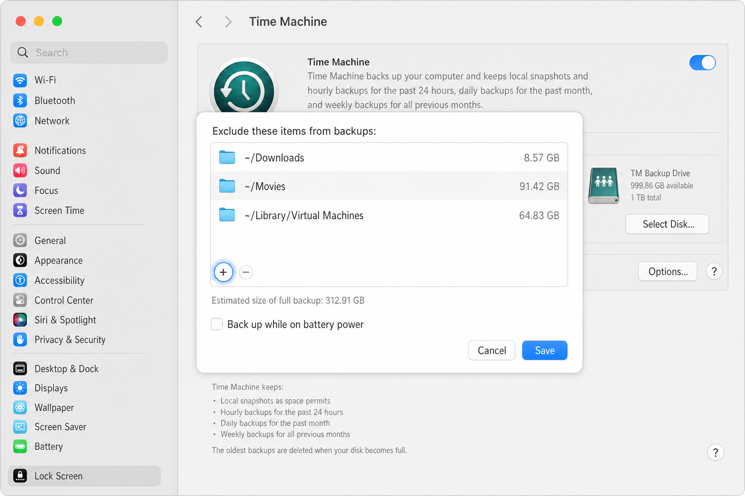 macOS System Settings > General > Time Machine Options sheet open showing the excluded items list with the Add (+) button highlighted to add a new exclusion