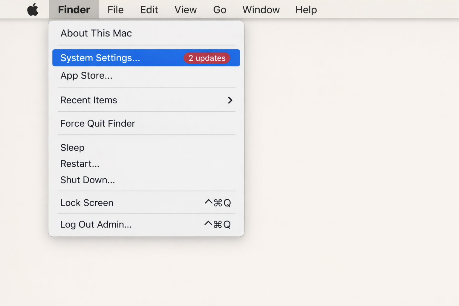macOS Apple menu open in the top-left corner with System Settings highlighted
