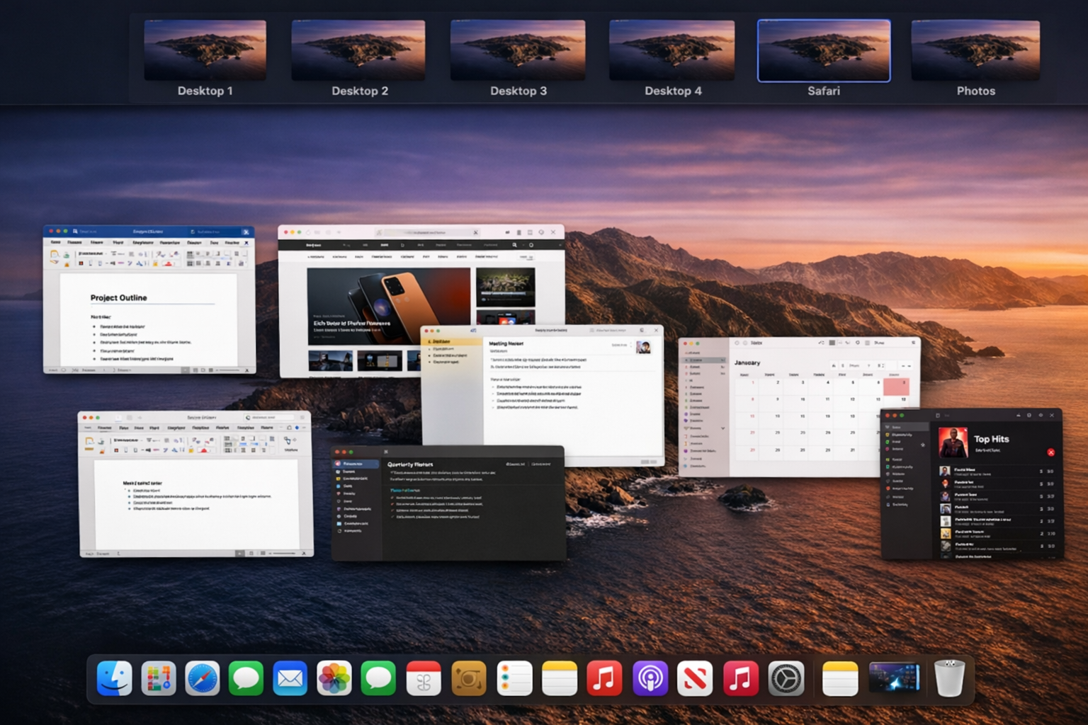 macOS Mission Control view showing all open windows spread across the desktop and full-screen app thumbnails in the Spaces bar at the top