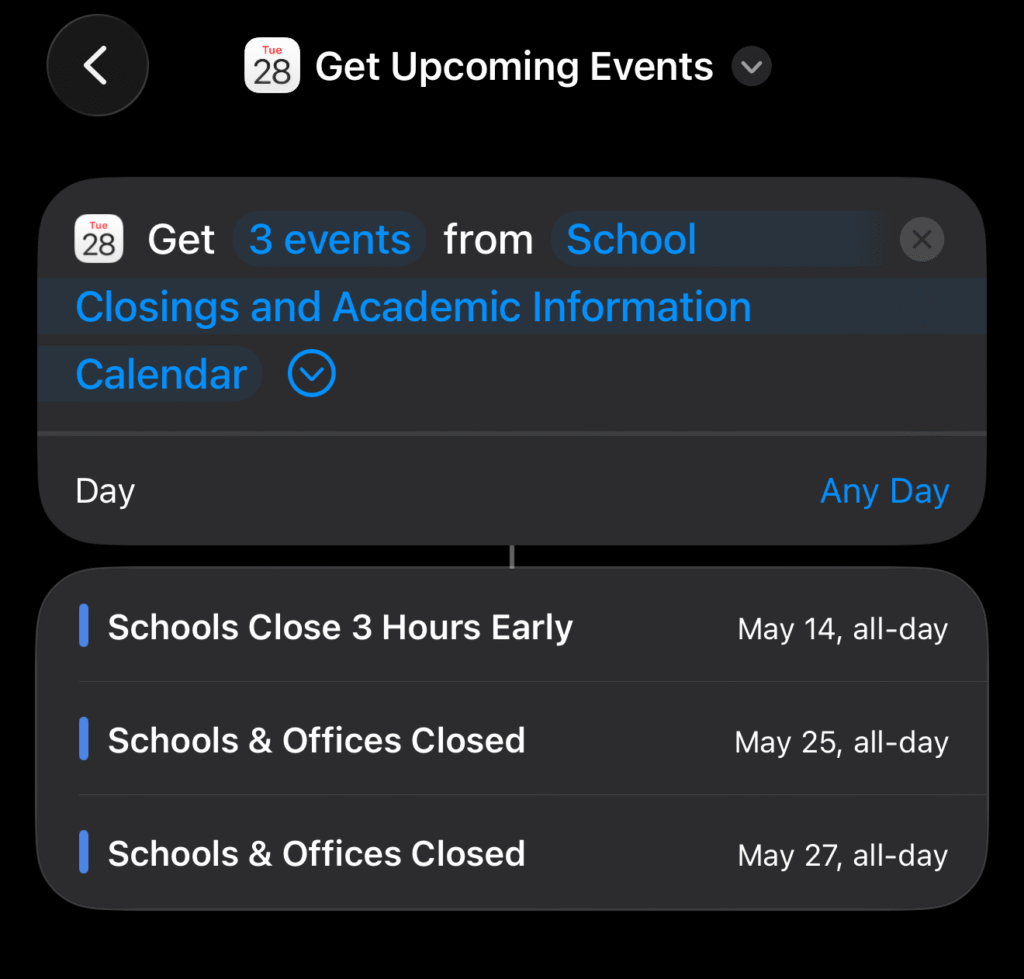 calendar events - Switching To Mac Get upcoming events iPhone shortcuts app