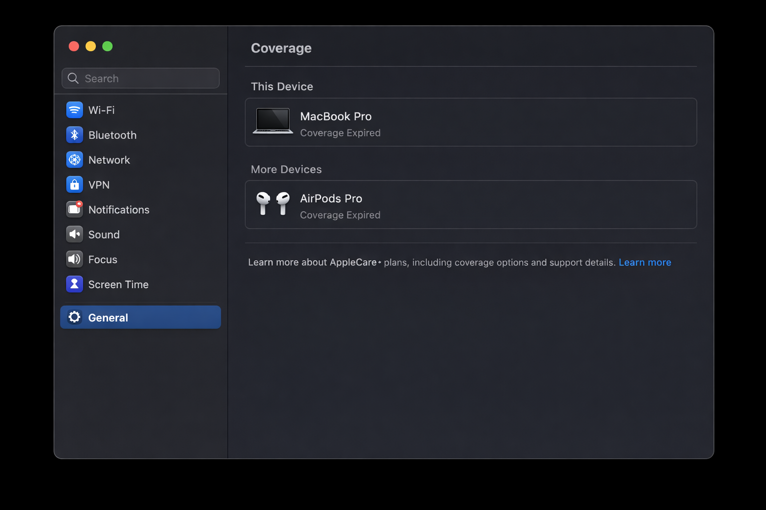 macOS System Settings > General > Coverage panel showing the AppleCare+ product family overview with Mac and paired devices listed