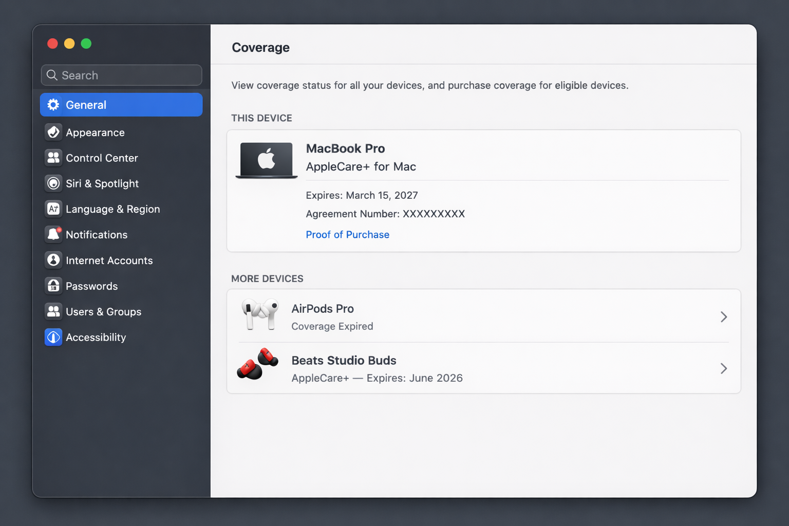 macOS System Settings > General > Coverage with the