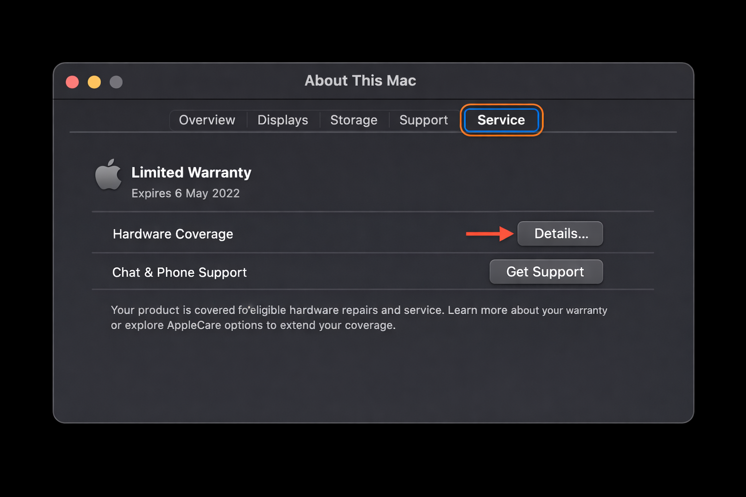 About This Mac dialog with More Info open, showing the Service section highlighted and displaying warranty or AppleCare+ expiration date, enrollment options, and a Details button that links to mysupport.apple.com