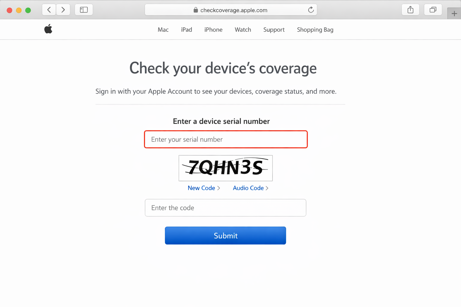 checkcoverage.apple.com page with the serial number input field highlighted and the Continue button visible, ready for a Mac serial number to be entered