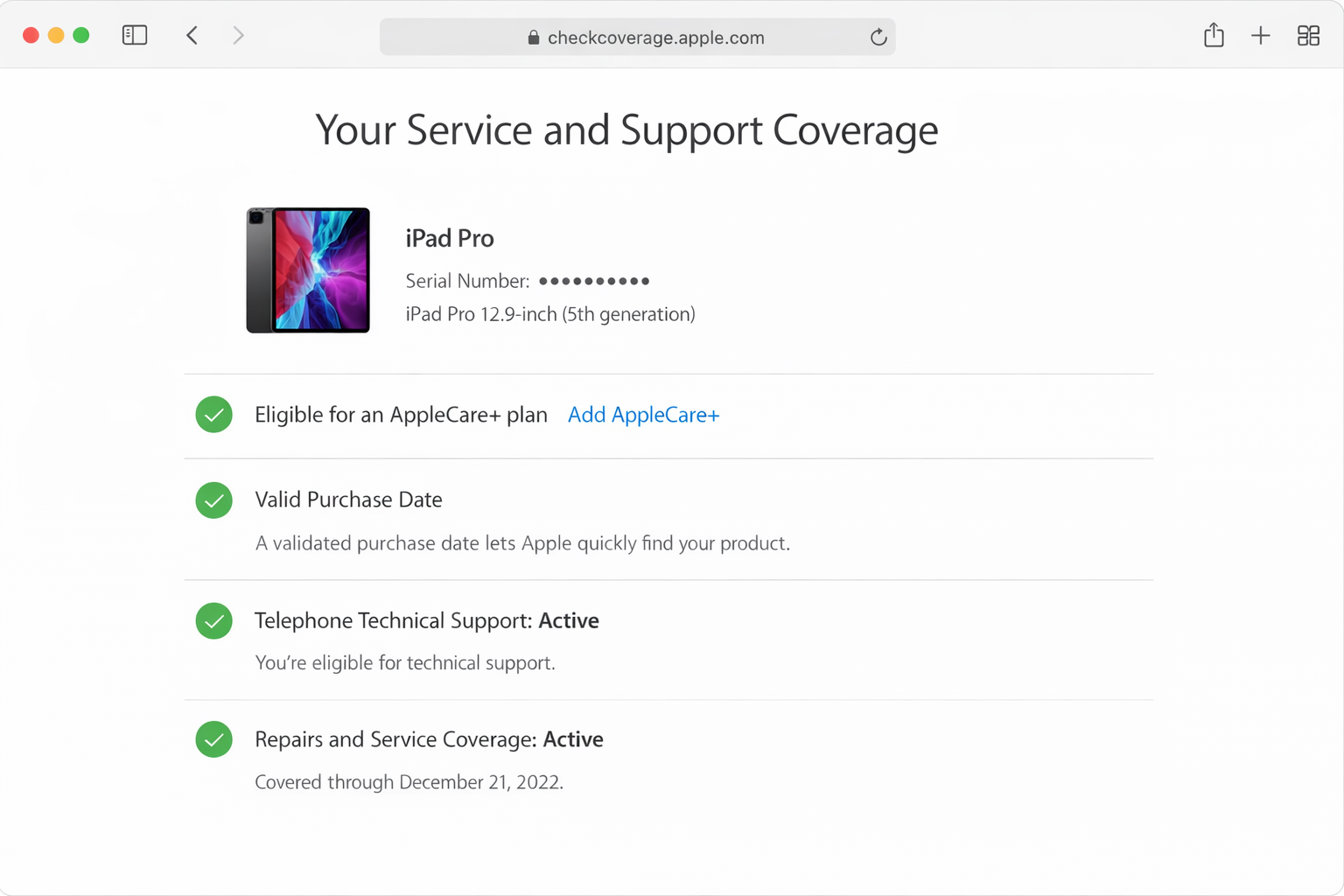 checkcoverage.apple.com results page showing a warranty status summary with Valid Purchase, Technical Support eligibility, and Repair Coverage sections all highlighted and displaying active coverage details