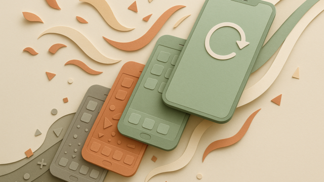 Abstract illustration of several pastel-colored smartphones layered together, the top one showing a white refresh arrow, suggesting updates or syncing.