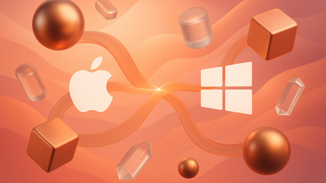 Abstract orange scene showing Apple and Windows logos connected by glowing ribbons and floating shapes, symbolizing cross‑platform tech integration.