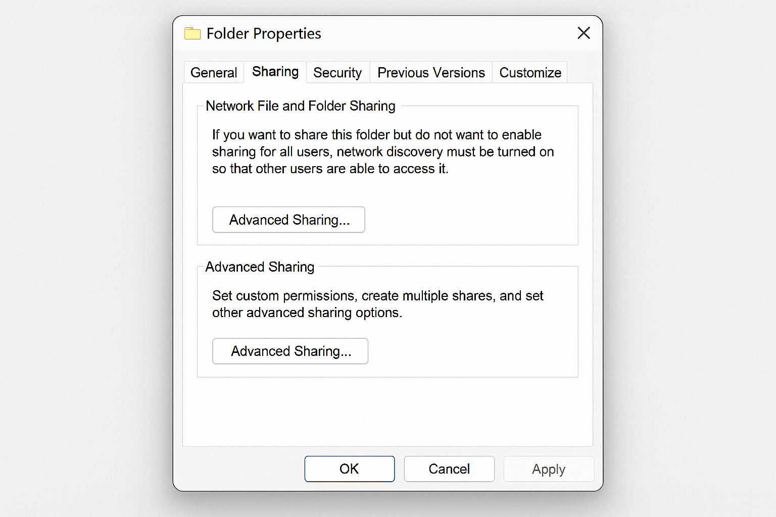 Windows folder sharing properties dialog showing Advanced Sharing options