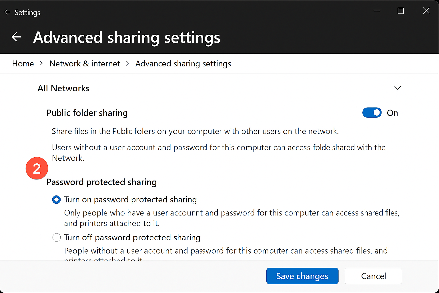 Windows password protected sharing settings