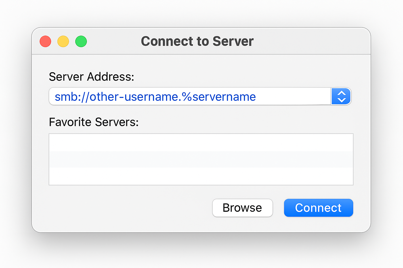 macOS Connect to Server dialog with SMB address entered