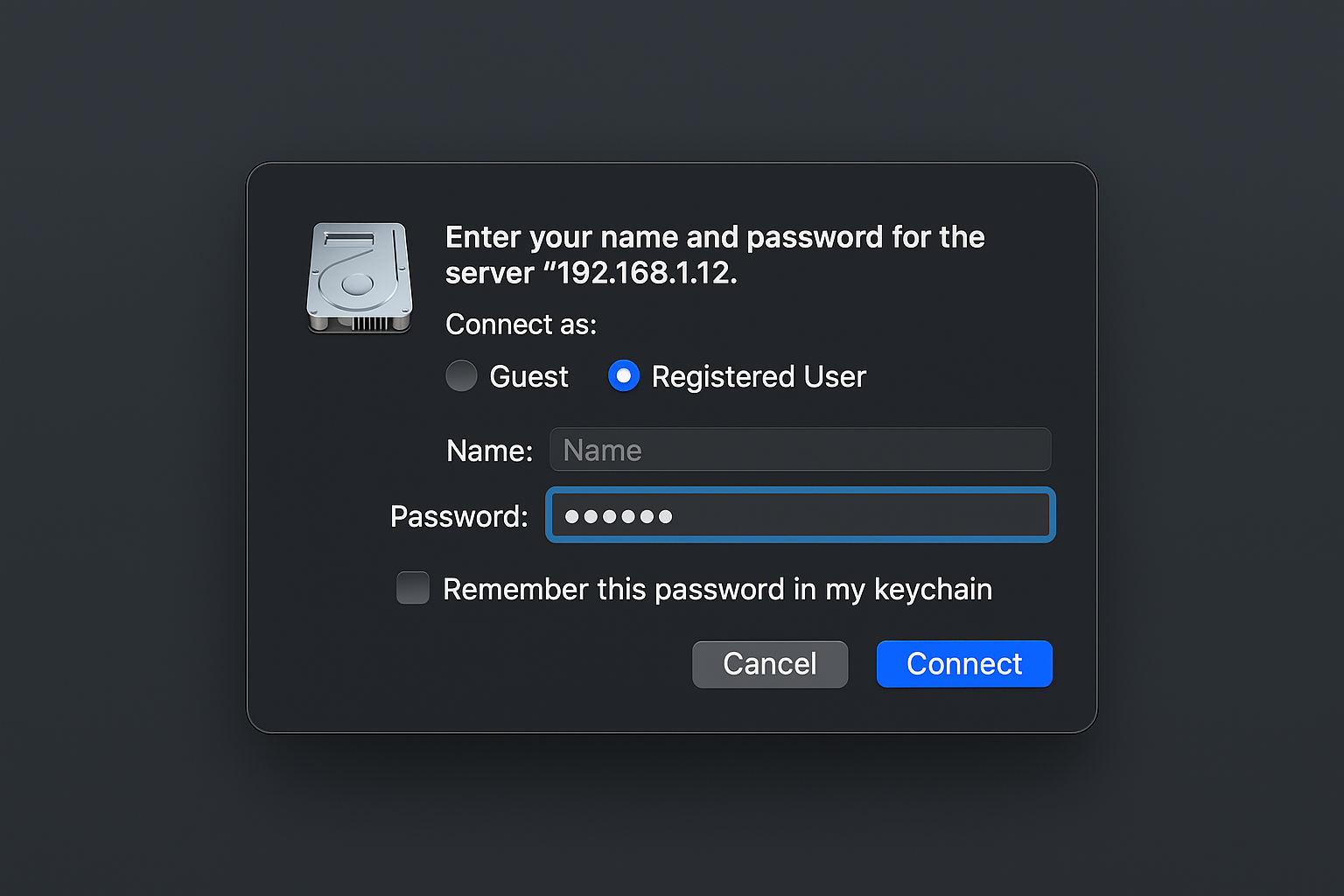 macOS credential dialog for Windows connection