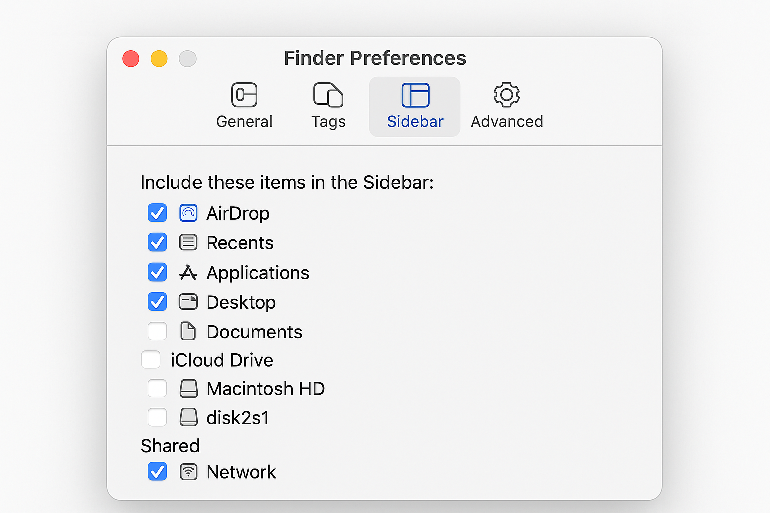 Finder preferences showing Sidebar options with Shared items checked