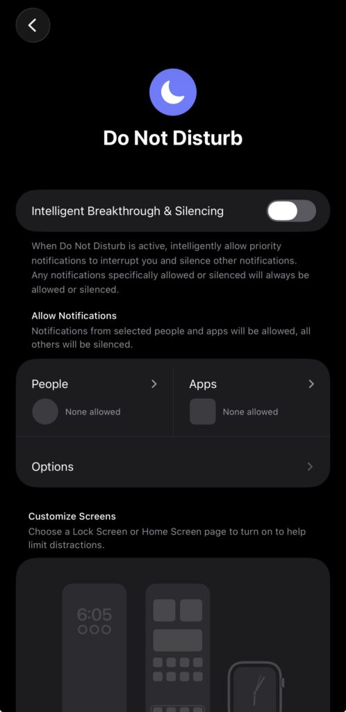 Screenshot - Switching To Mac iPhone Settings app showing the Do Not Disturb configuration page with the Scheduled toggle and emergency bypass options for Calls from Favorites and Repeated Calls visible