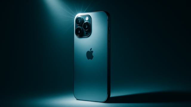 Teal iPhone with a three-camera module, illuminated from the left, standing on a lit surface against a dark background