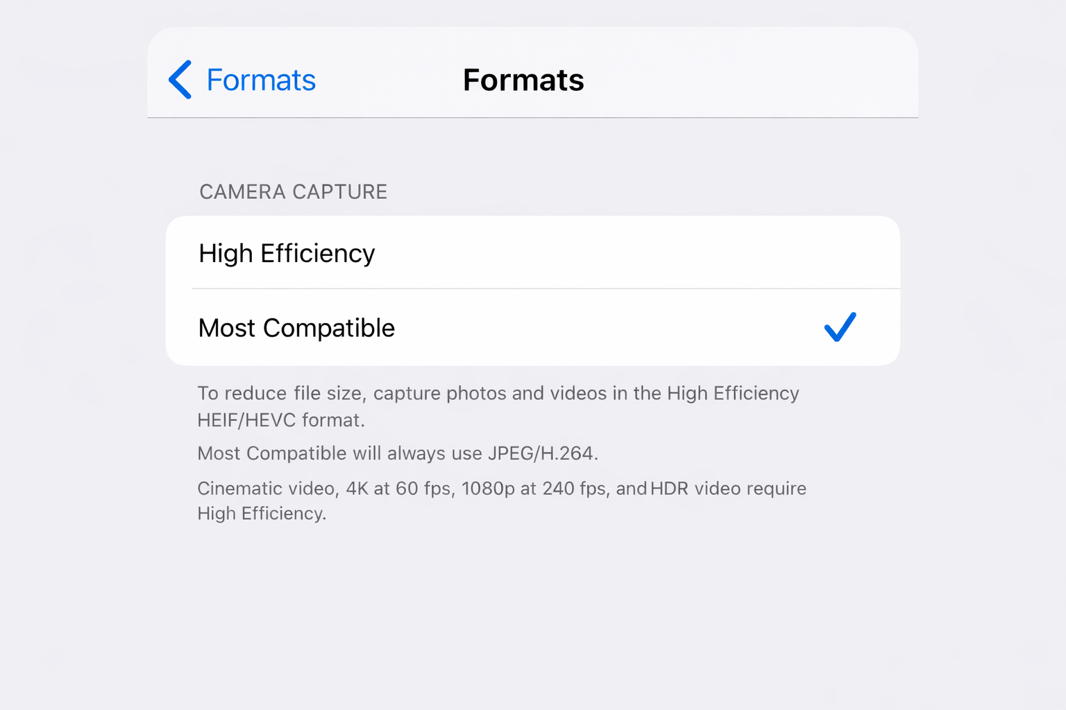 iOS Settings app > Camera > Formats with Most Compatible currently selected and High Efficiency option visible below it