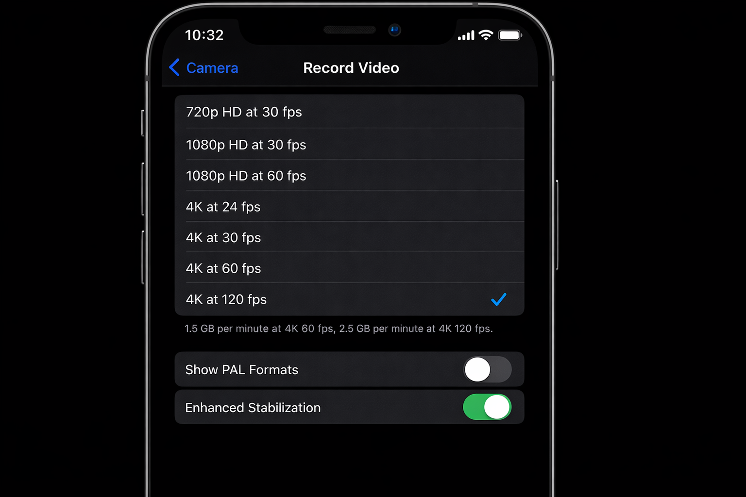 iOS Settings app > Camera > Record Video showing the full list of options including 4K at 24fps, 4K at 30fps, 4K at 60fps, and 4K at 120fps, with 4K at 120fps highlighted