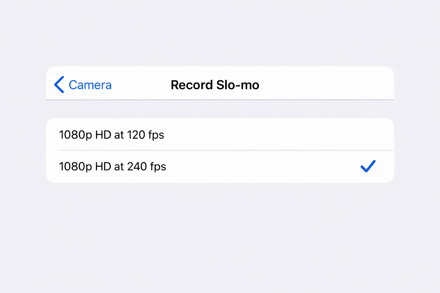 iOS Settings app > Camera > Record Slo-mo showing options for 1080p at 120fps and 1080p at 240fps, with 1080p at 240fps selected