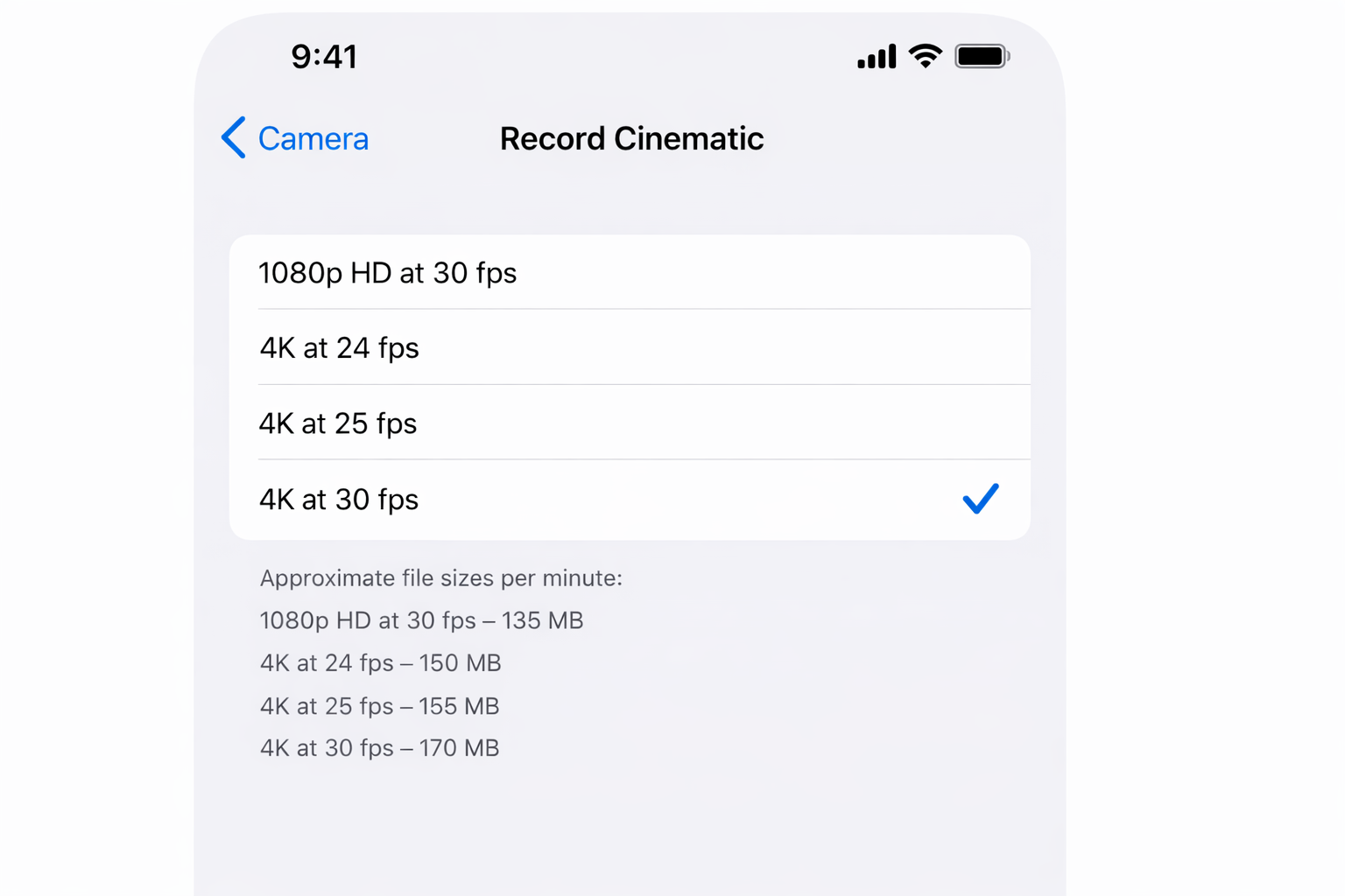iOS Settings app > Camera > Record Cinematic showing resolution and frame rate options with 4K at 30fps selected