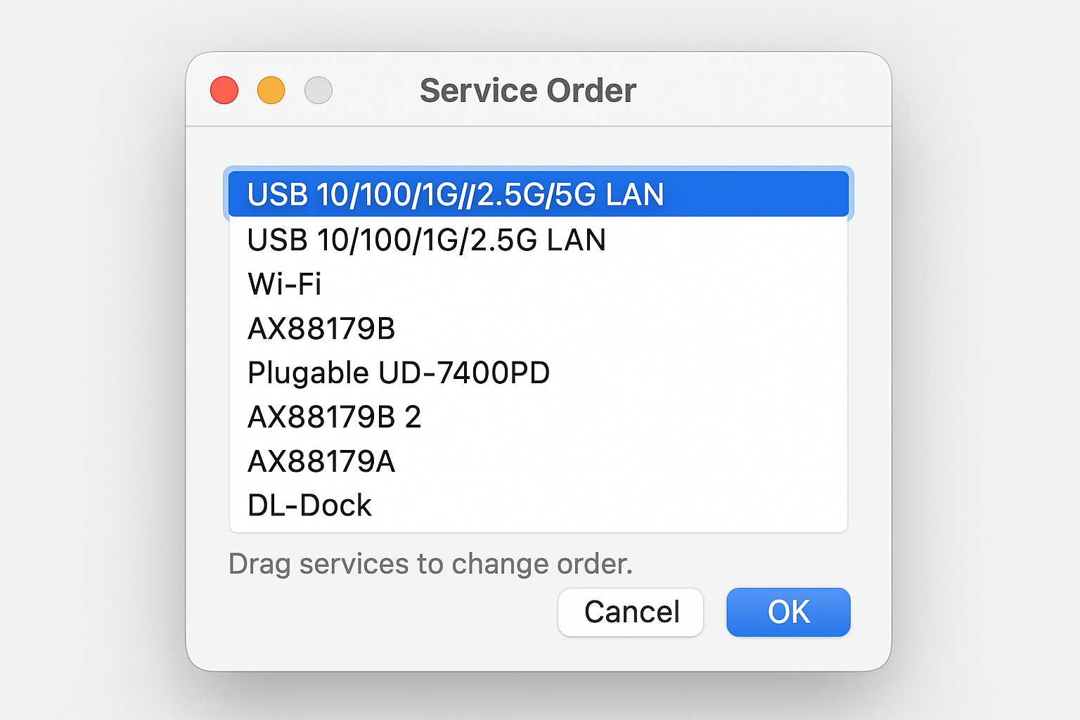 Network service order dialog with connections arranged by priority