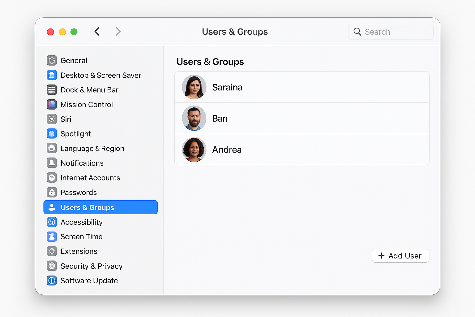 macOS Users & Groups settings with Add Account button