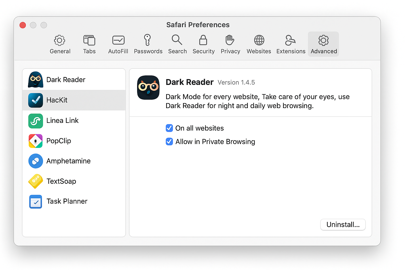 Safari Extensions settings showing installed extensions