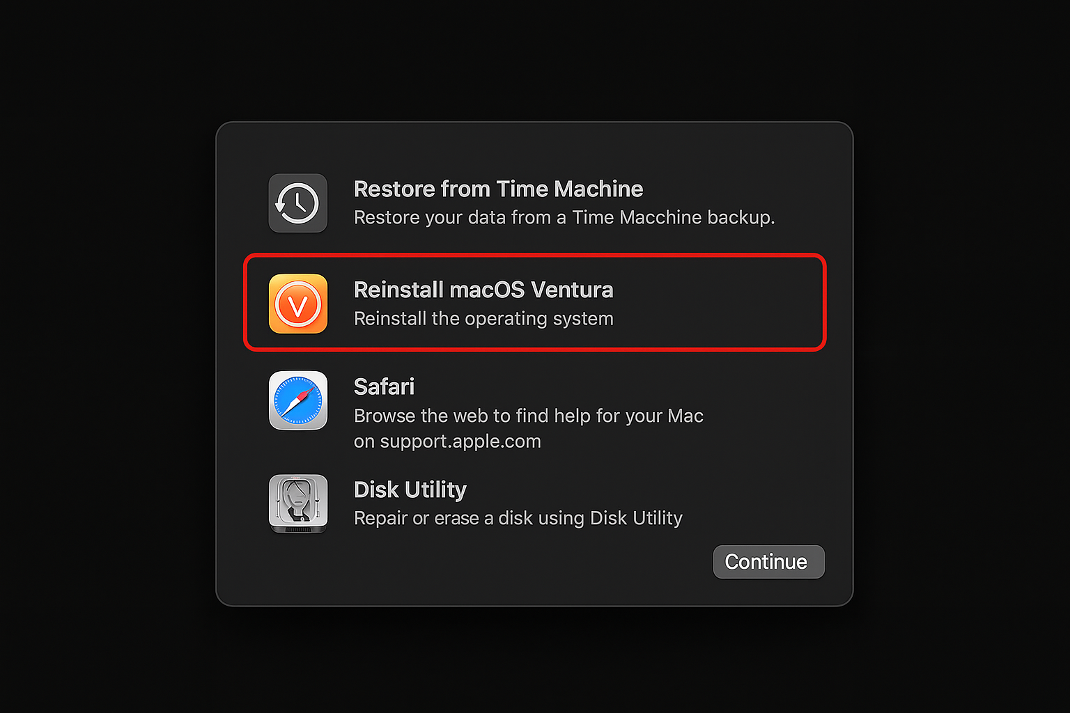 macOS Recovery Mode with reinstall option highlighted