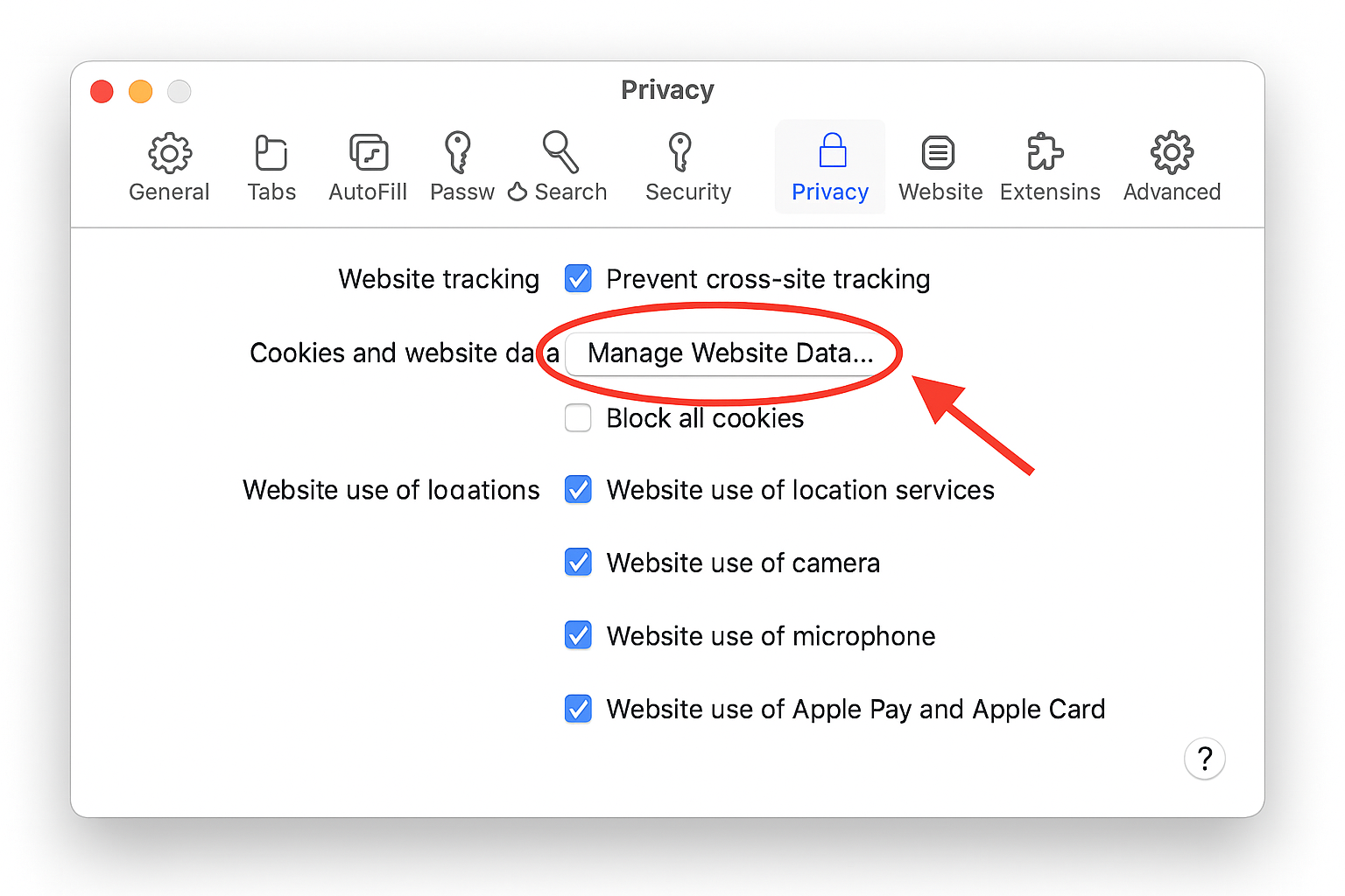 Safari Settings Privacy tab with Manage Website Data button highlighted