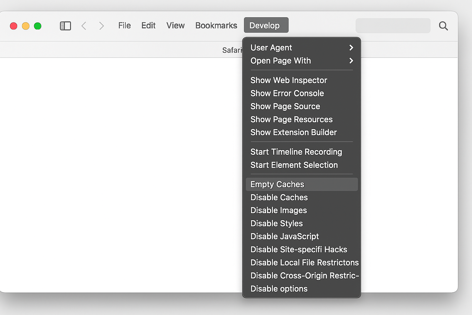 Safari Develop menu with Empty Caches and Disable Extensions options