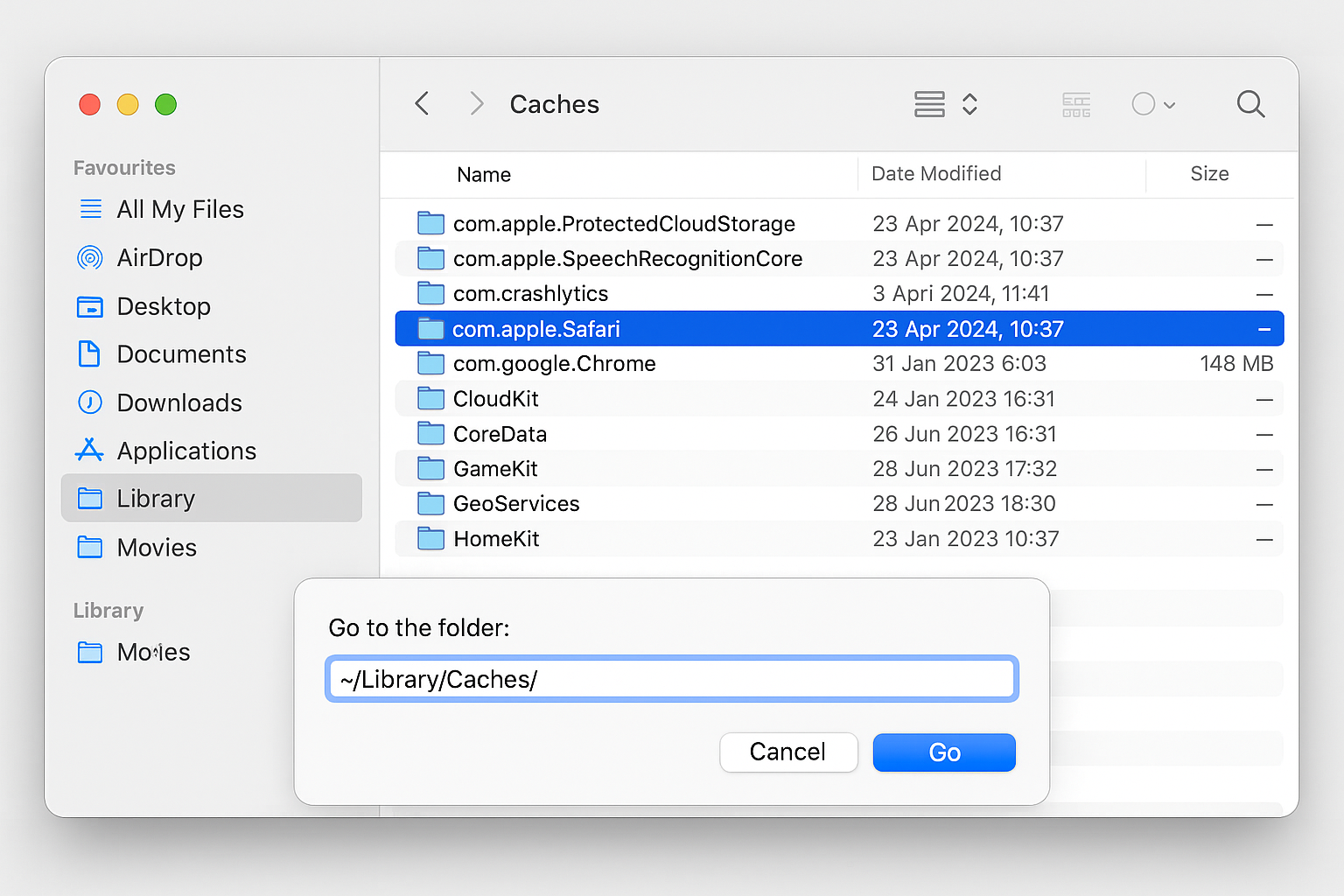 Safari cache folder selected for deletion in Finder