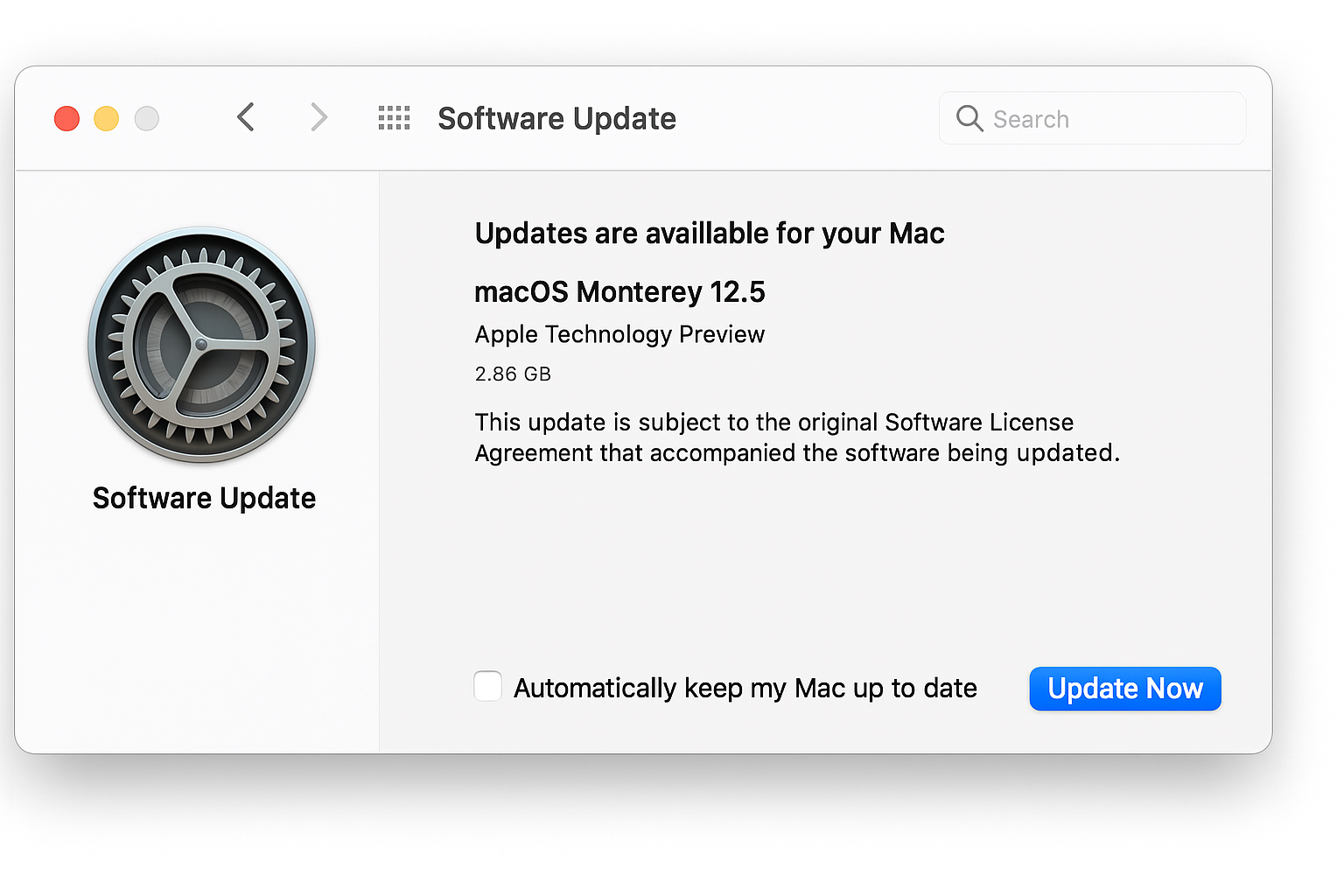macOS Software Update panel showing available updates