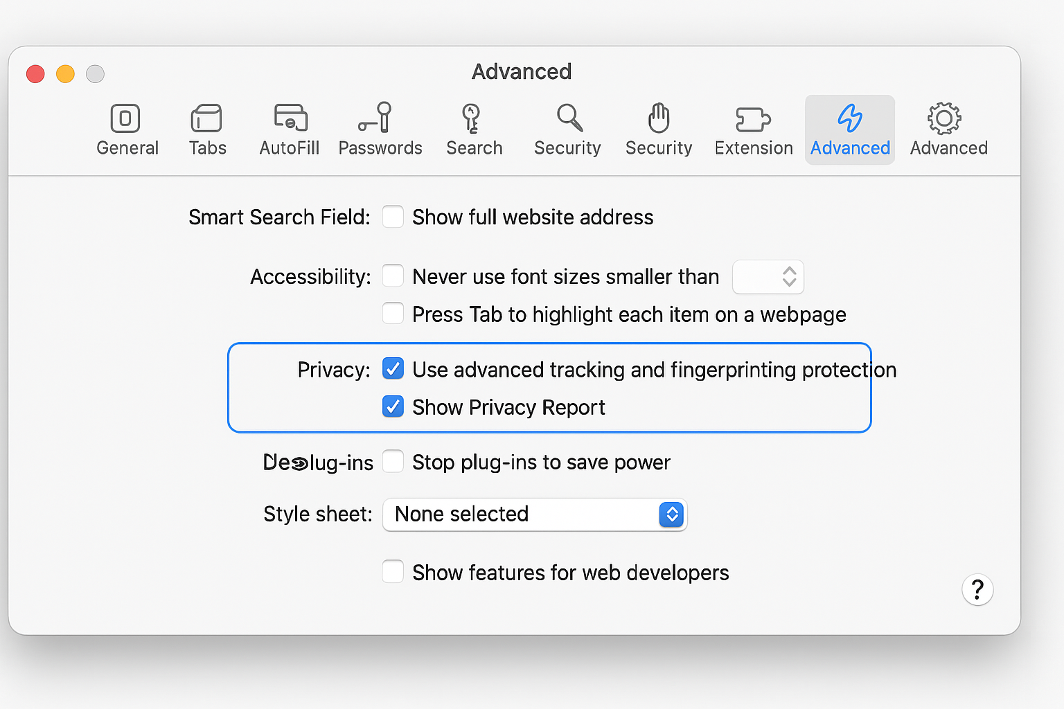 Safari Privacy settings with tracking prevention options