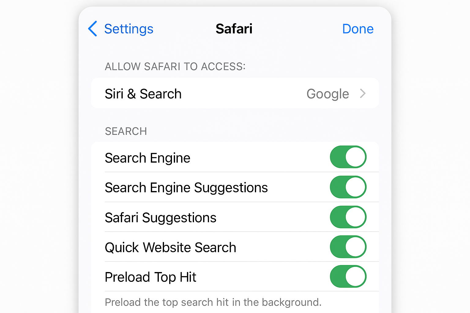 Safari Search settings with suggestion options