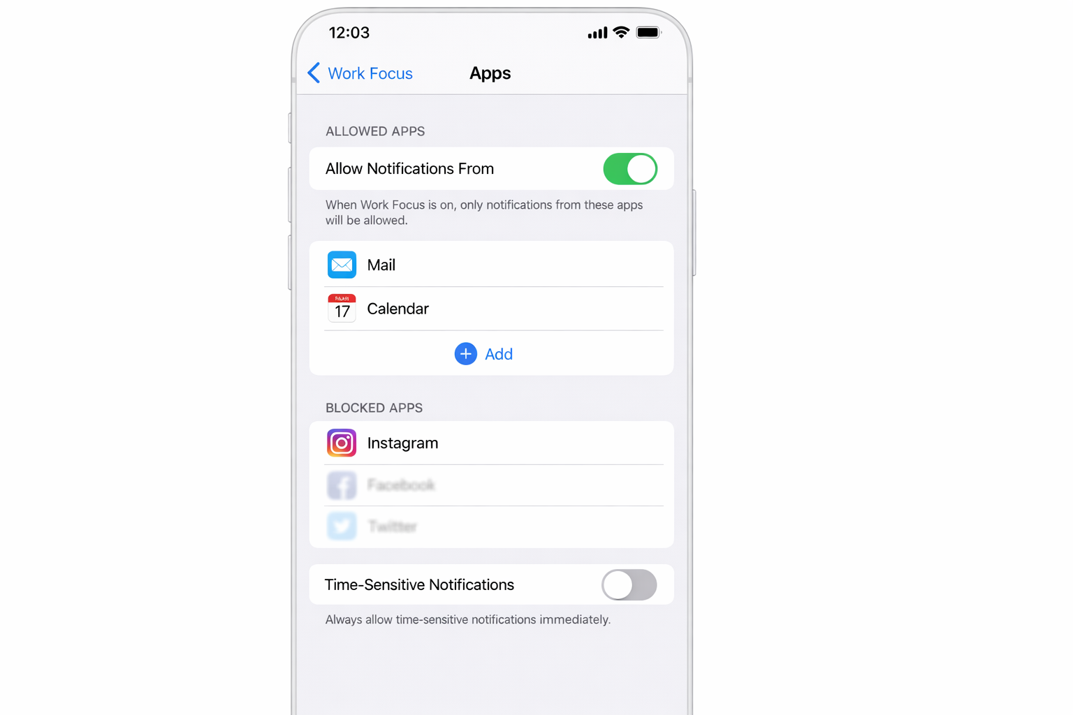 iPhone Settings app showing the Work Focus Mode allowed apps list with Mail and Calendar permitted and social media apps such as Instagram blocked
