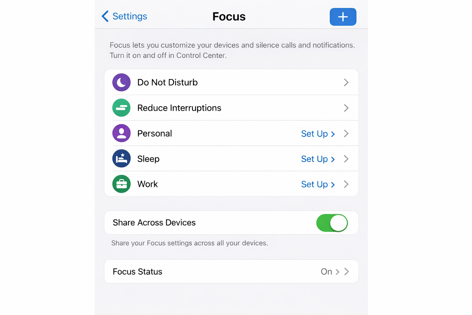 iPhone Settings app showing the Focus screen listing multiple configured Focus Modes including Work, Personal, and Sleep each with their distinct app and contact configurations visible