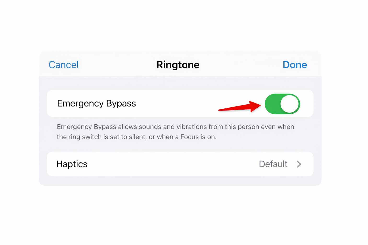 iPhone Focus settings screen showing emergency bypass toggle for a contact