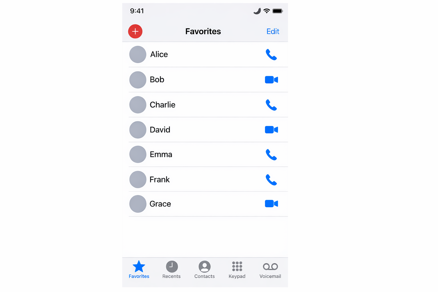 iPhone Phone app Favorites list with Do Not Disturb active in status bar