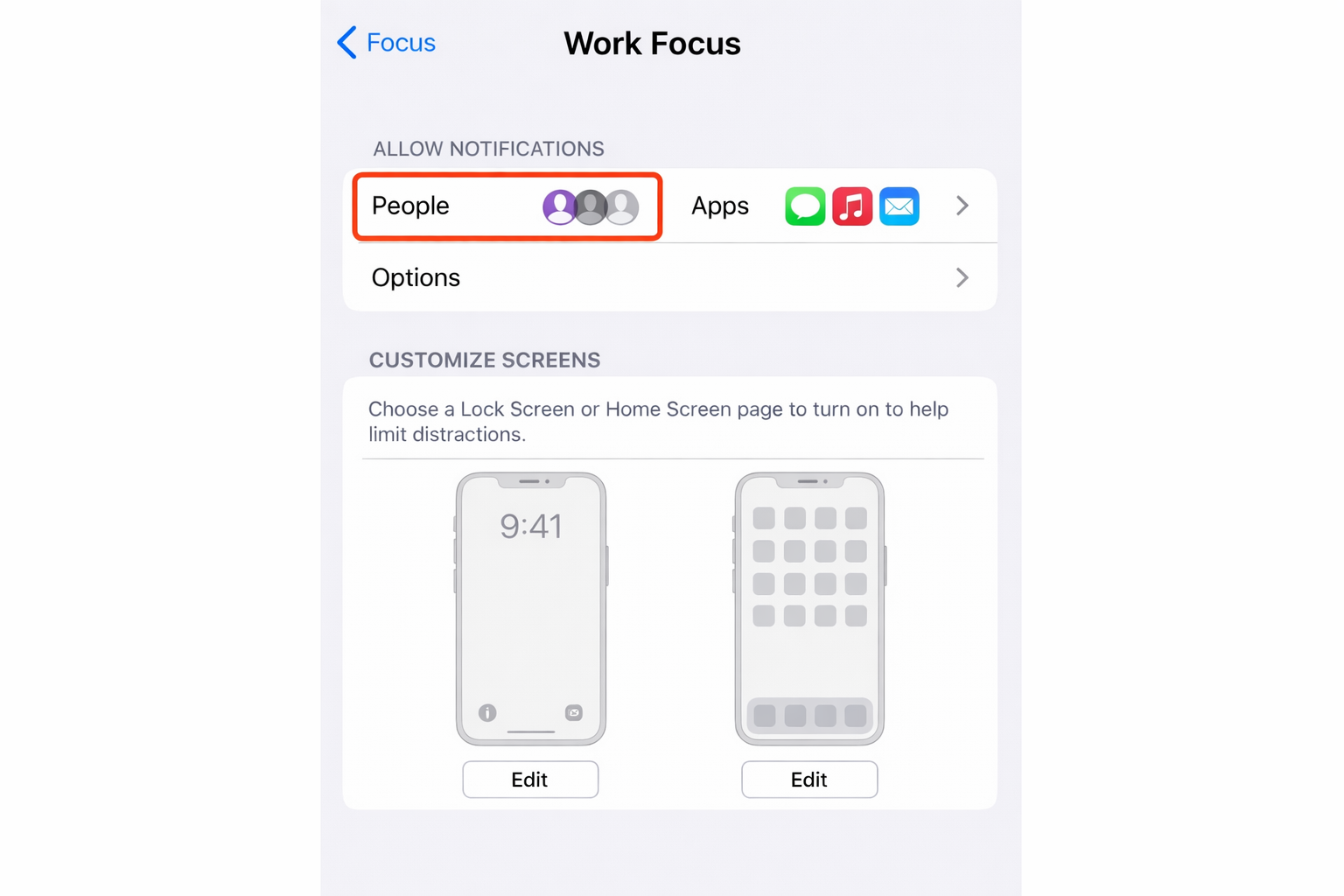 iPhone Settings app showing a Focus Mode configuration screen with the Apps and People sections expanded, displaying specific allowed apps and contacts selected
