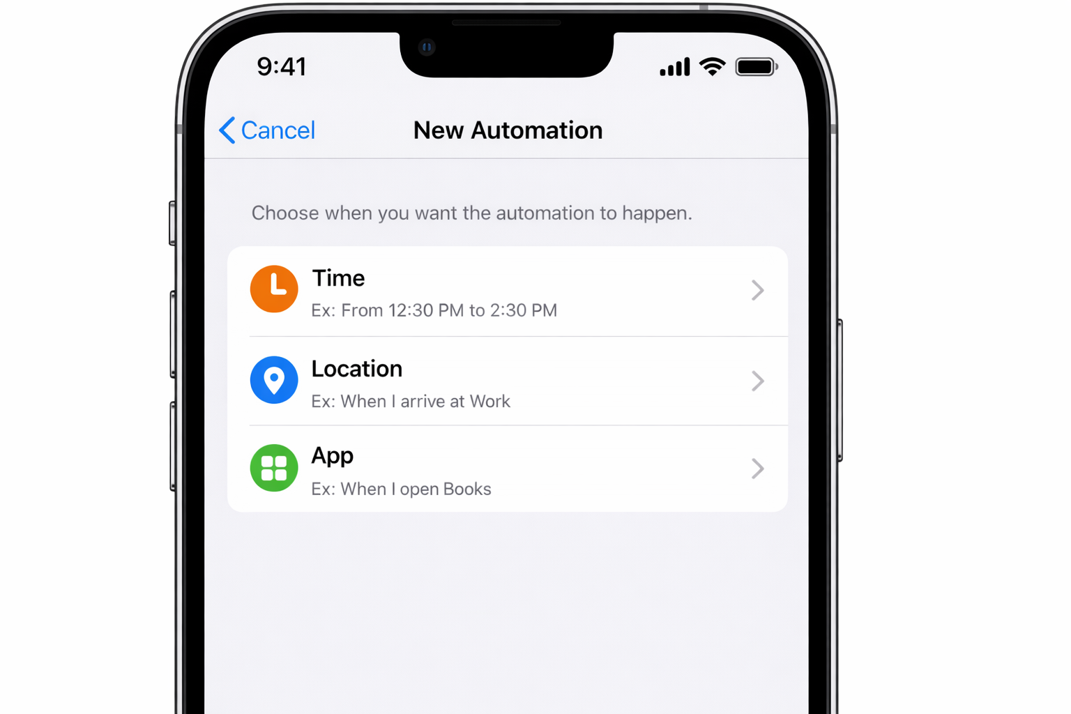 iPhone Settings app showing the Focus Mode automation setup screen with Time, Location, and App trigger options listed for adding a new automation