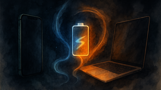 Illustration of a smartphone on the left and a laptop on the right with a glowing battery icon between them, with orange and blue energy trails.