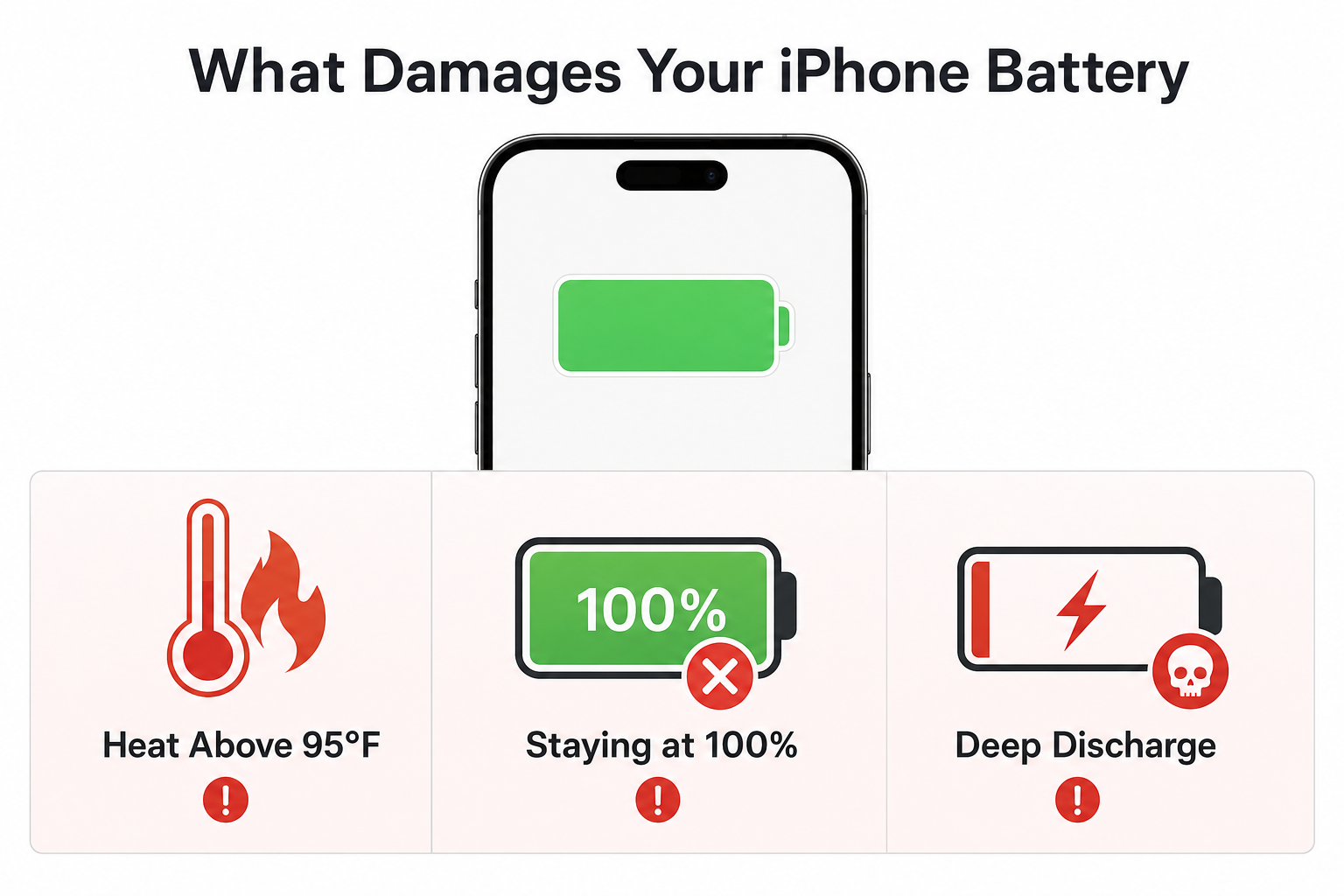 A simple graphic showing an iPhone battery and three things that can damage them: heat above 95 degrees F, stating at 100% charge all the time and deep discharge cycles where the battery dies. Visually show and use less words.