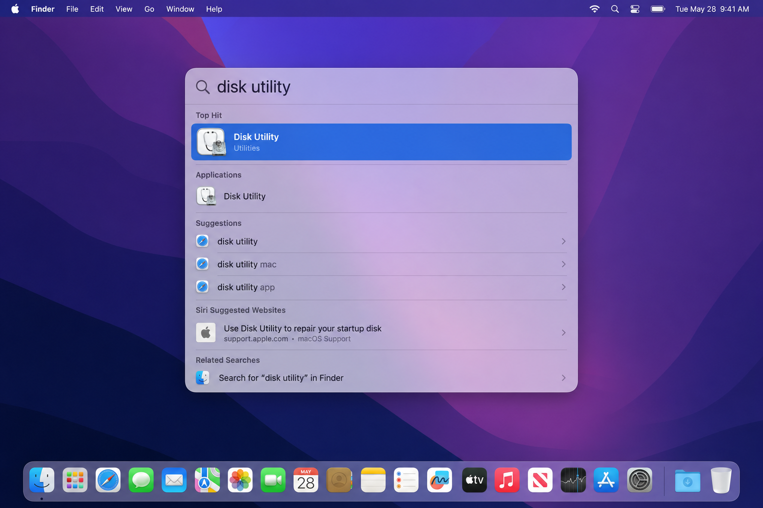 macOS Spotlight search with "disk utility" typed in the search field and Disk Utility app highlighted as the top result