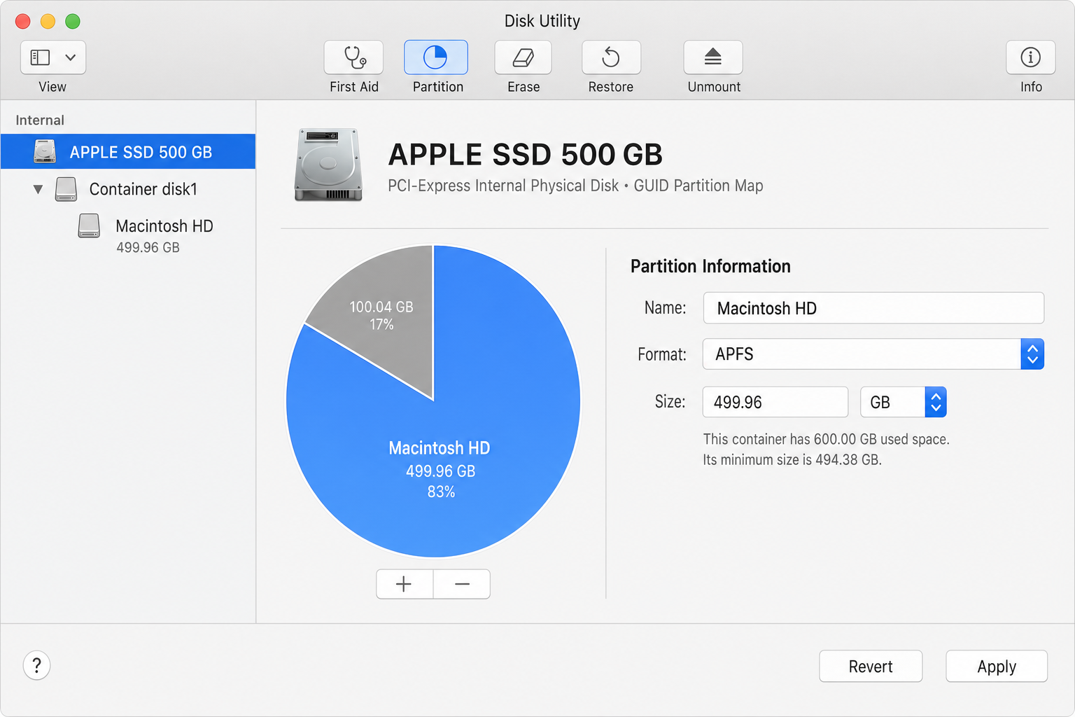 Disk Utility with the top-level internal physical drive selected in the sidebar and the Partition button highlighted in the toolbar, showing drive capacity and partition information in the main pane