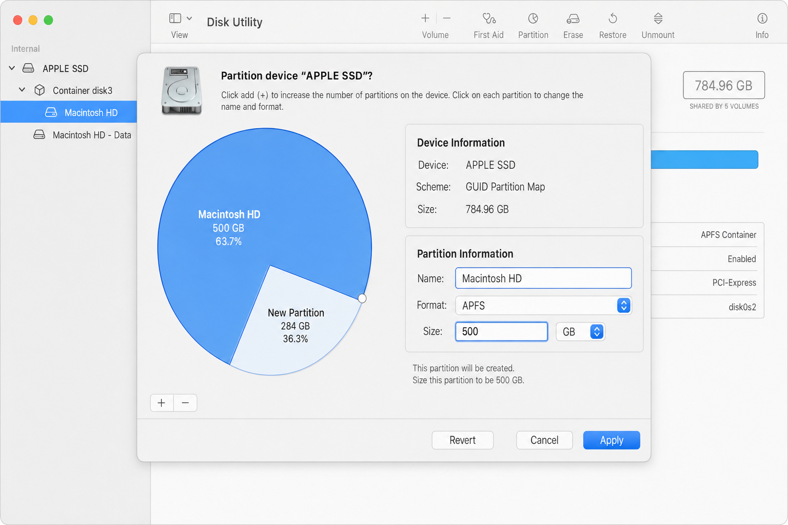 Disk Utility Partition dialog for the internal drive showing the pie chart with the startup volume resized to 500 GB and a new partition segment visible, with the size field highlighted