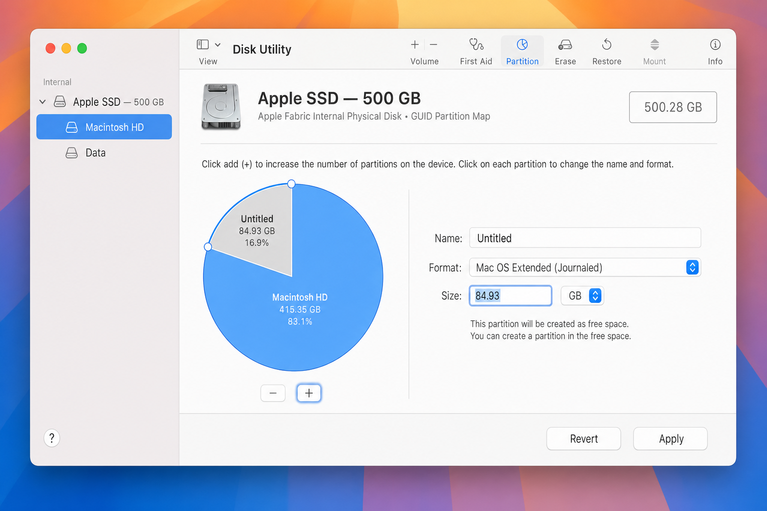 Disk Utility Partition dialog for the internal drive with the "Untitled" remaining free space segment selected in the pie chart and the + button highlighted to add a new partition to the remaining space