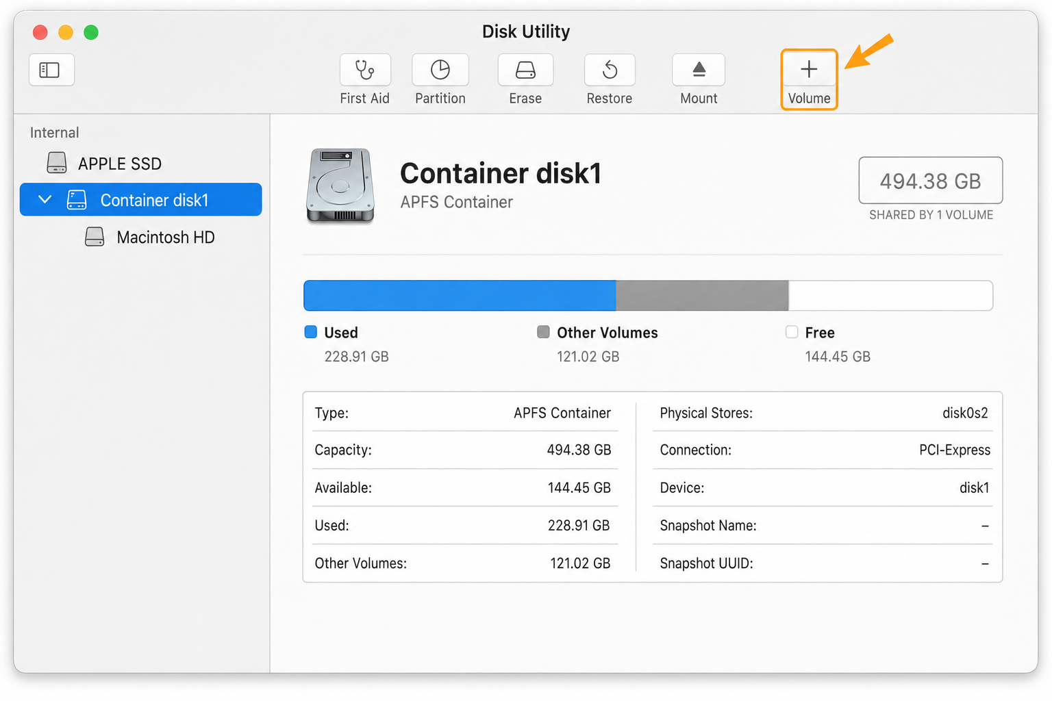 Disk Utility app with an APFS container (e.g. "Container disk1") selected in the sidebar and the + Volume button highlighted in the toolbar