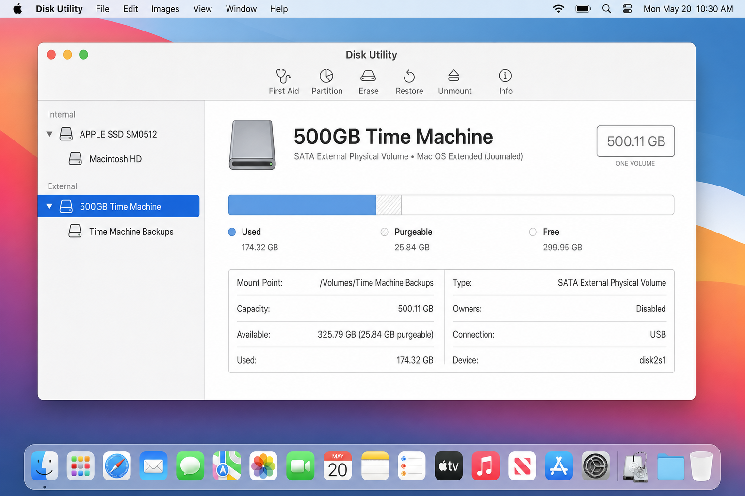 Disk Utility app with the External section expanded in the sidebar and an external drive selected, showing its info in the main pane