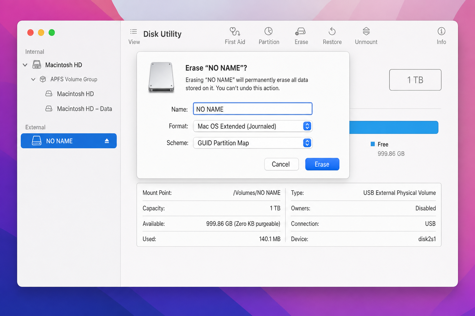 Disk Utility Erase dialog for an external drive named NO NAME with Format set to Mac OS Extended (Journaled) and Scheme set to GUID Partition Map, with the Erase button highlighted