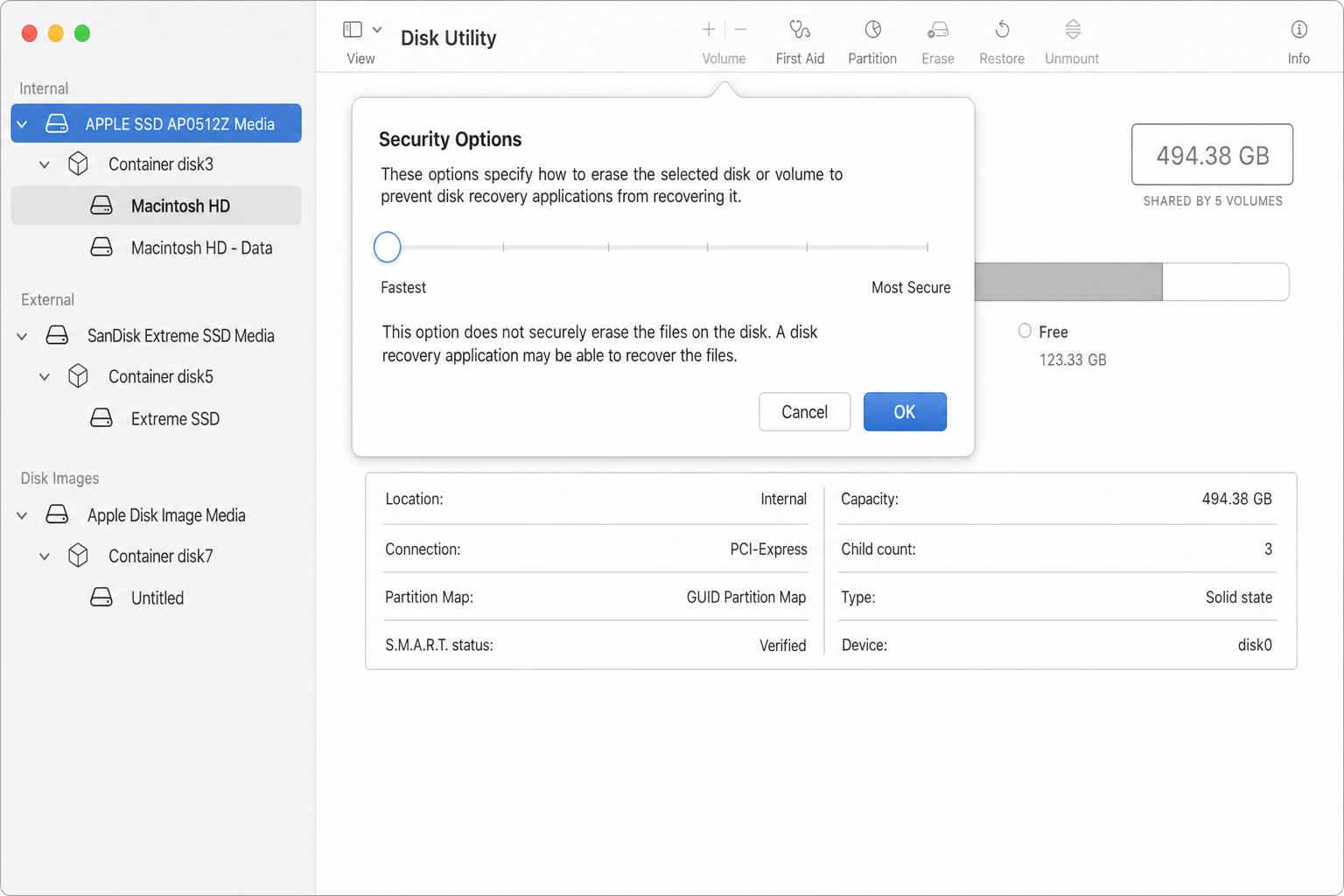 Disk Utility Security Options sheet showing the security level slider set to Fastest (leftmost position), with the other levels visible along the slider track