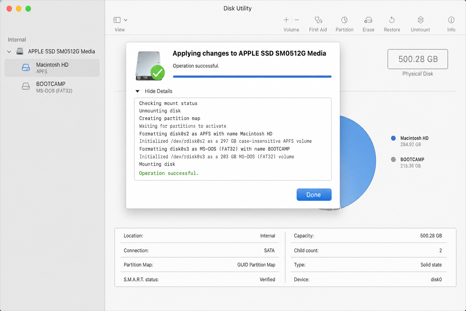 Disk Utility showing the partitioning completion dialog or success state with the partition layout updated in the pie chart and an "Operation Successful" confirmation visible